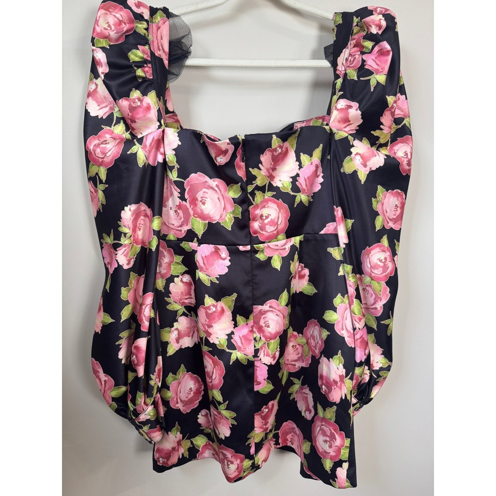 House of CB Black Pink Floral Satin Puff Sleeve Mini Dress Size L Rose Print - Picture 8 of 10
